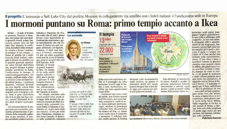 Un articolo di giornale italiano che parla dell’annuncio del primo Tempio Mormone a Roma e che specifica alcuni valori della Chiesa